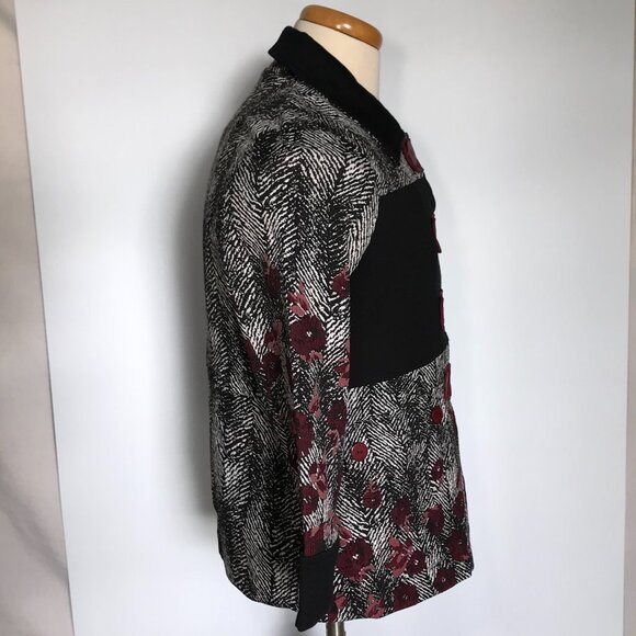 Dolcezza Womens Jacket Small Black White Red Floral Button Pockets Long Sleeve - Picture 5 of 10